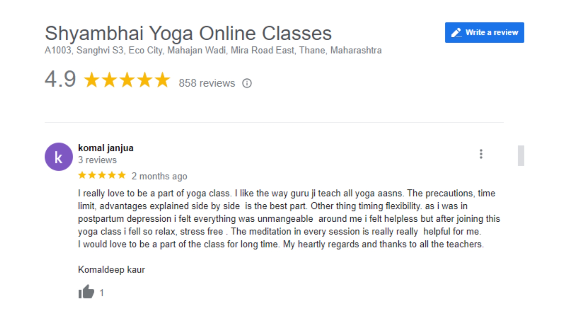 One to one yoga classes Google Review Screenshot - Komal