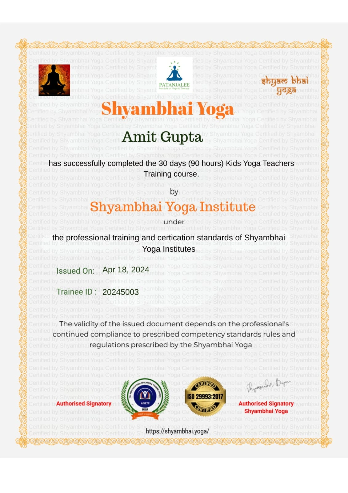 Amit Gupta - certificate - kids ytt