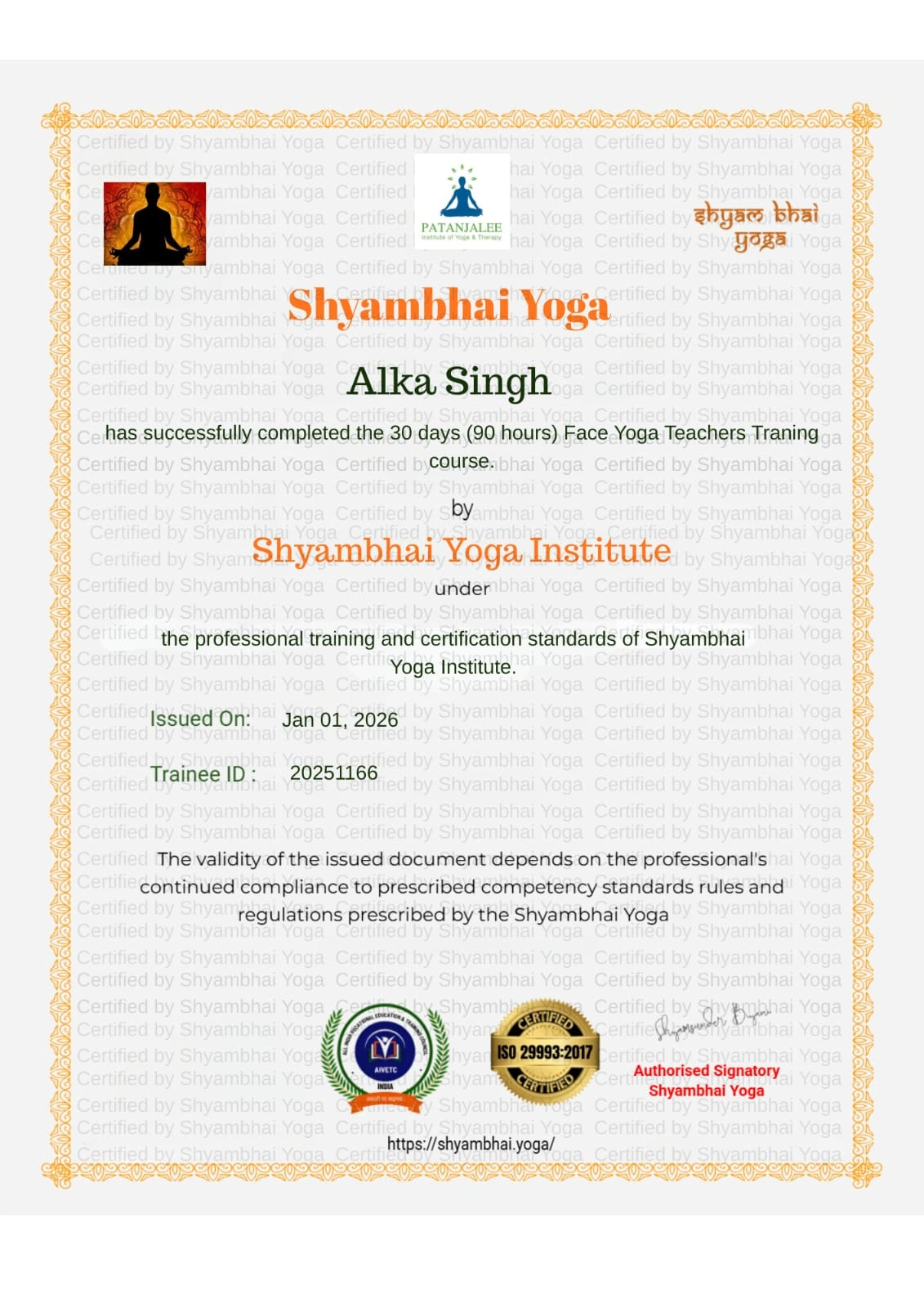 Alka singh - certificate - face ytt