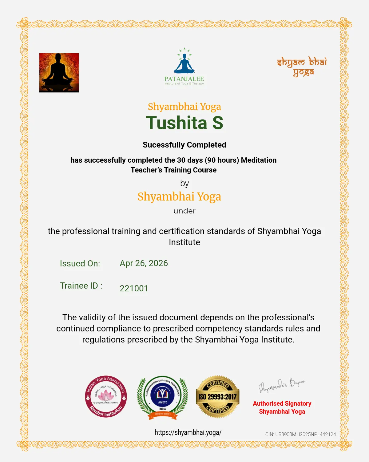Online Meditation Yoga teacher training certificate