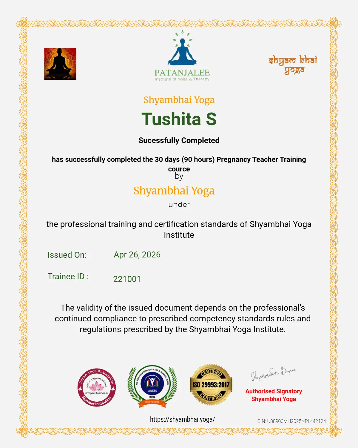 Online Pregnancy Yoga Teacher Training Certiificate